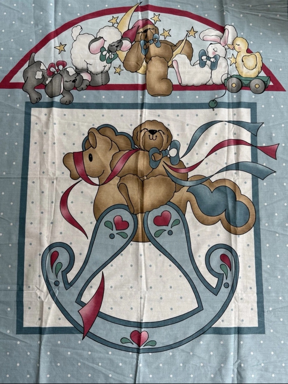 Vintage Daisy Kingdom Rocking Horse Crib Quilt Top Panel 35" x 44" 1991 Blue